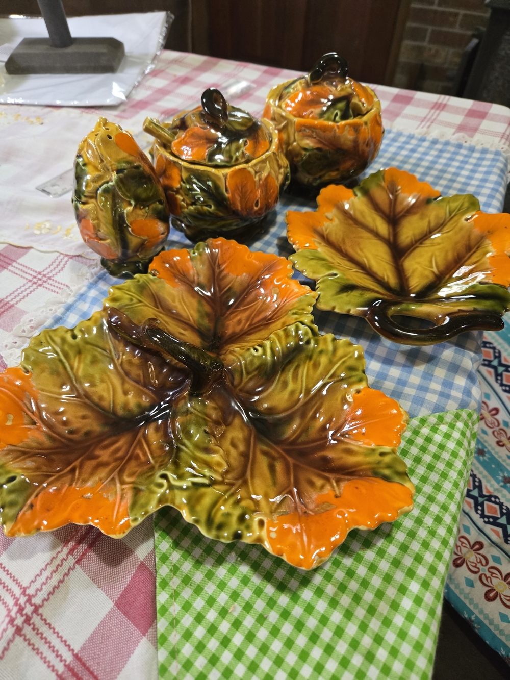 Vintage Ceramic Leaf Serving Dishes in Autumn Orange & Olive